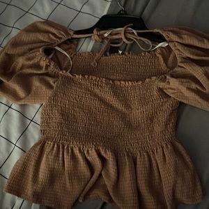 Brown Plaid Top Puffy sleeve